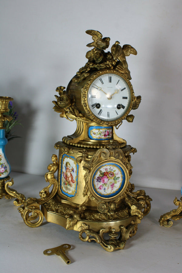 Antique 19th SEVRES porcelain putti angel brass mantel clock set candle holder