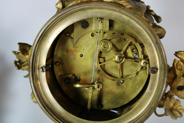 Antique 19th SEVRES porcelain putti angel brass mantel clock set candle holder