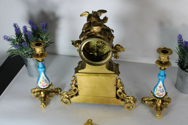 Antique 19th SEVRES porcelain putti angel brass mantel clock set candle holder