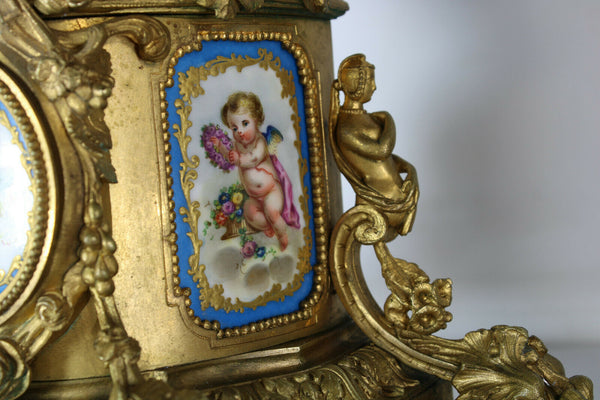 Antique 19th SEVRES porcelain putti angel brass mantel clock set candle holder