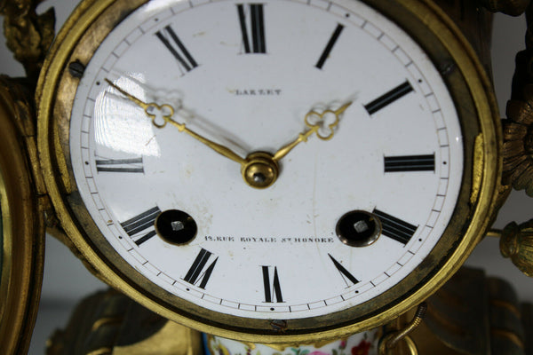 Antique 19th SEVRES porcelain putti angel brass mantel clock set candle holder