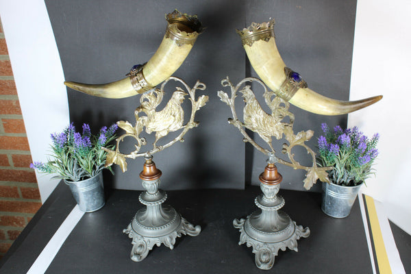 PAIR antique spelter metal Rooster figural Cornucopia horn statues rare stones