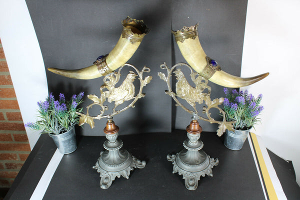 PAIR antique spelter metal Rooster figural Cornucopia horn statues rare stones