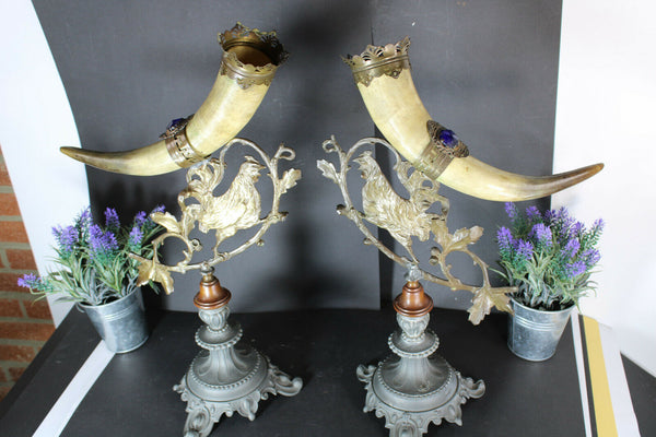 PAIR antique spelter metal Rooster figural Cornucopia horn statues rare stones
