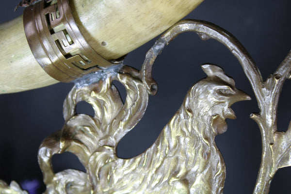 PAIR antique spelter metal Rooster figural Cornucopia horn statues rare stones