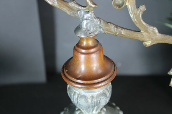 PAIR antique spelter metal Rooster figural Cornucopia horn statues rare stones