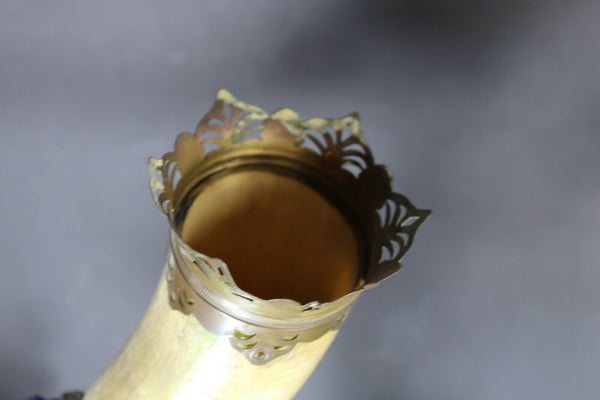 PAIR antique spelter metal Rooster figural Cornucopia horn statues rare stones