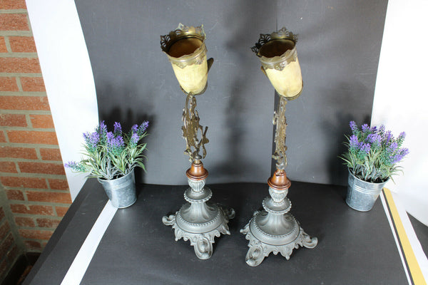 PAIR antique spelter metal Rooster figural Cornucopia horn statues rare stones