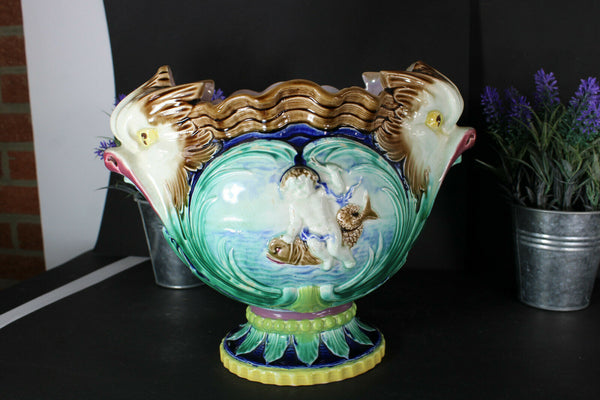 Antique Boch freres pottery marked planter jardiniere dolphin fish rare