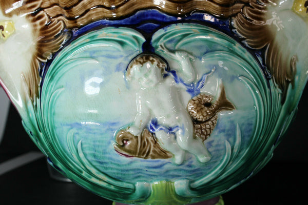 Antique Boch freres pottery marked planter jardiniere dolphin fish rare