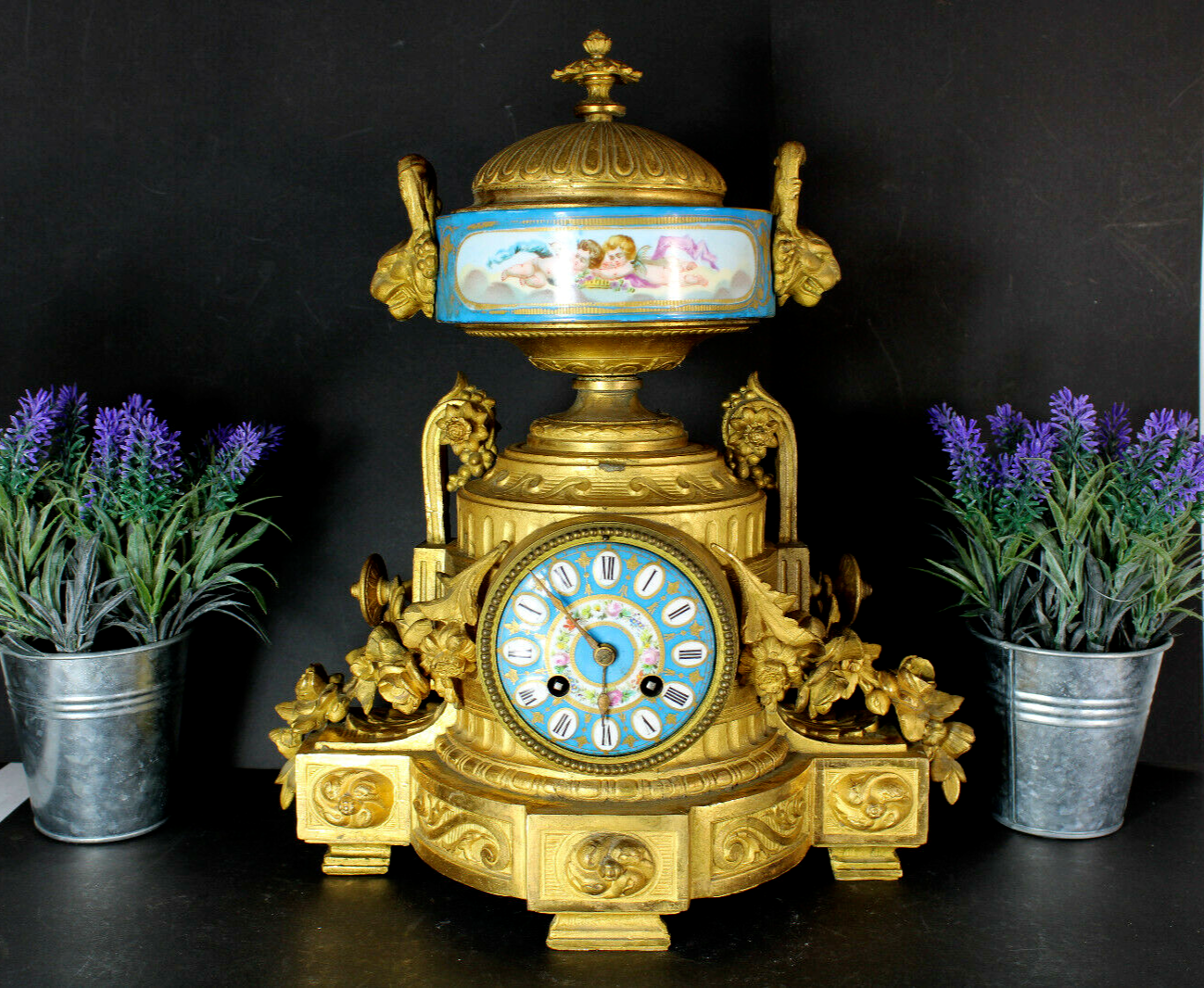 Antique 19thc SEVRES porcelain brass mantel clock putti cherub lion heads