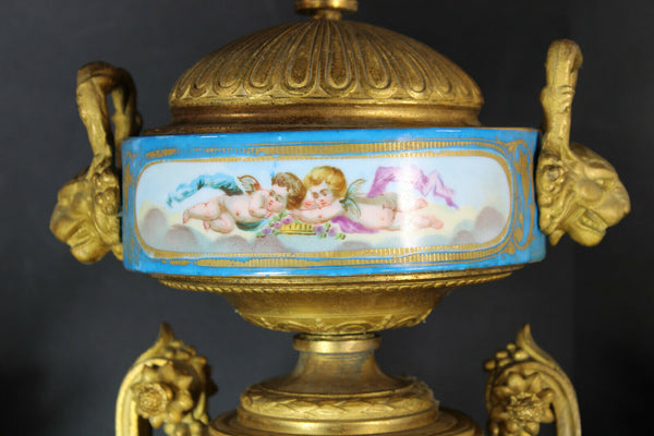 Antique 19thc SEVRES porcelain brass mantel clock putti cherub lion heads