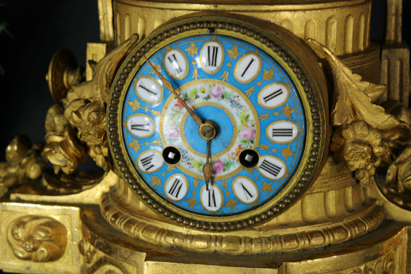 Antique 19thc SEVRES porcelain brass mantel clock putti cherub lion heads