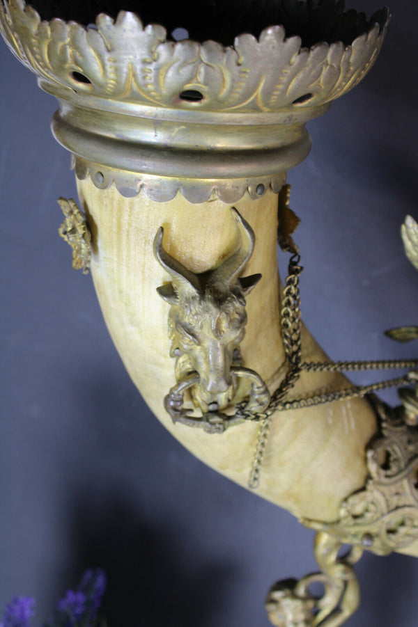 Antique XL 19thc Bronze Cornucopia horn ram eagle Statue putti cherub
