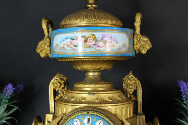Antique 19thc SEVRES porcelain brass mantel clock putti cherub lion heads