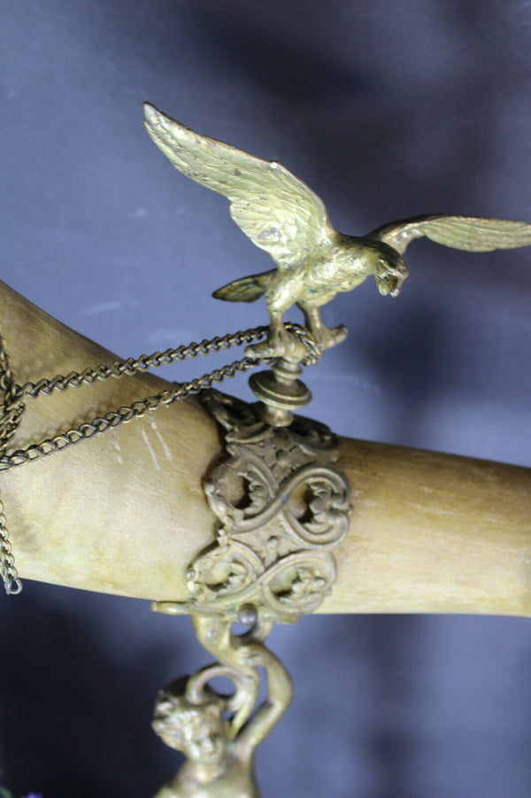Antique XL 19thc Bronze Cornucopia horn ram eagle Statue putti cherub