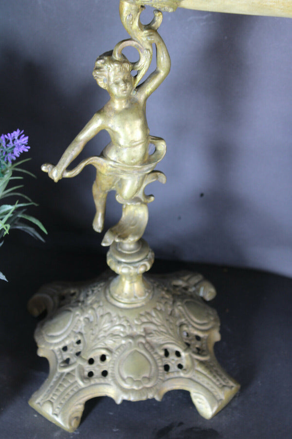 Antique XL 19thc Bronze Cornucopia horn ram eagle Statue putti cherub