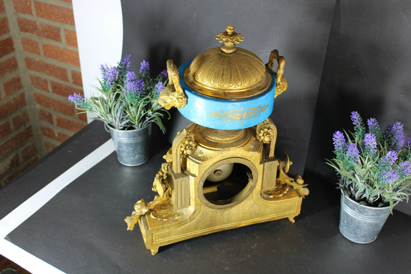 Antique 19thc SEVRES porcelain brass mantel clock putti cherub lion heads