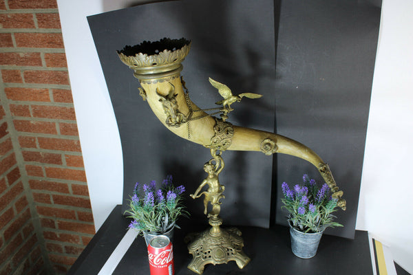 Antique XL 19thc Bronze Cornucopia horn ram eagle Statue putti cherub