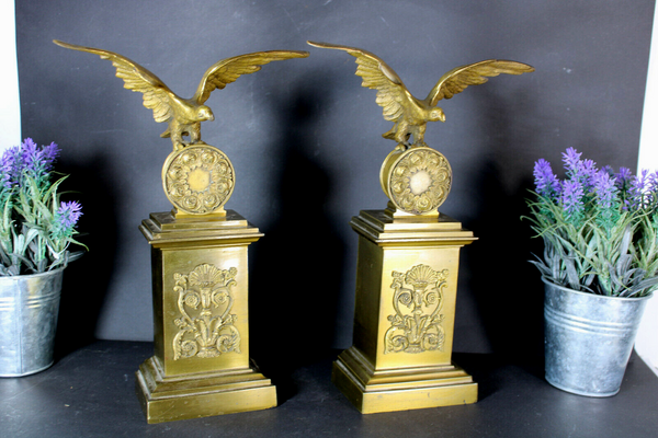 PAIR Antique bronze fireplace andirons eagle empire design