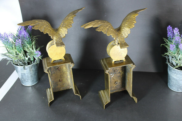 PAIR Antique bronze fireplace andirons eagle empire design