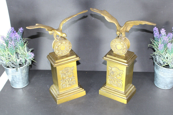 PAIR Antique bronze fireplace andirons eagle empire design