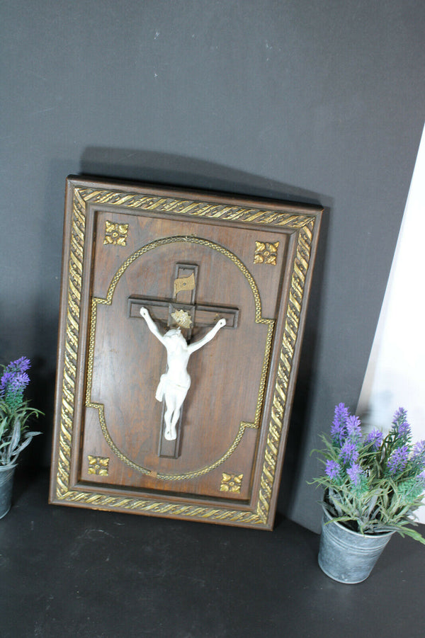 Antique French wood carved crucifix bisque porcelain corpus panel religious