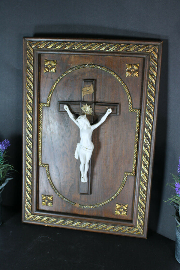 Antique French wood carved crucifix bisque porcelain corpus panel religious