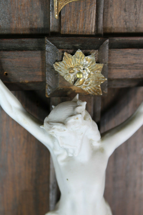 Antique French wood carved crucifix bisque porcelain corpus panel religious