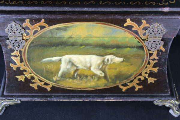 Antique French Wood carved dog painting napoleon III box