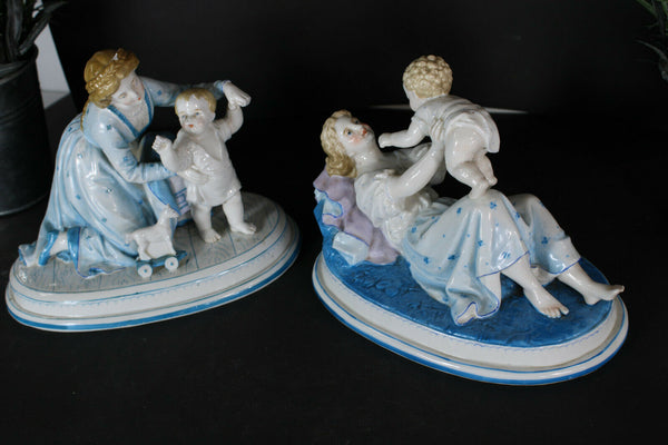 PAIR german bisque porcelain baby playing mom Figurine statues marked