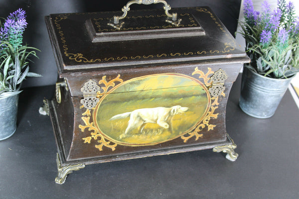 Antique French Wood carved dog painting napoleon III box