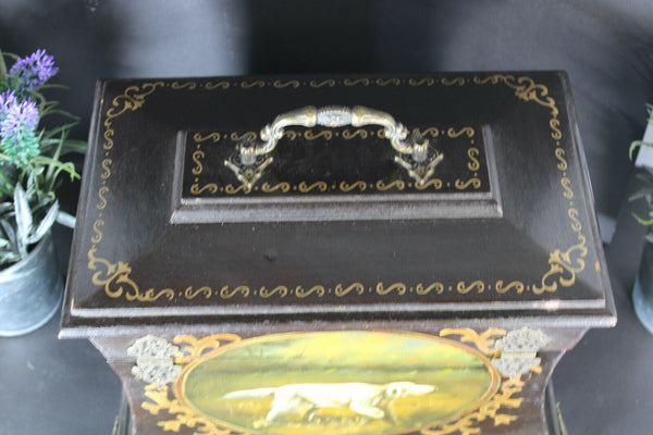 Antique French Wood carved dog painting napoleon III box