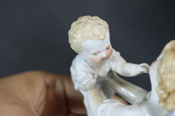PAIR german bisque porcelain baby playing mom Figurine statues marked