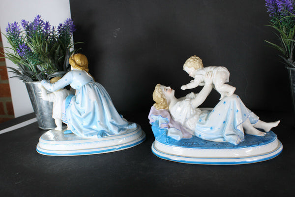 PAIR german bisque porcelain baby playing mom Figurine statues marked
