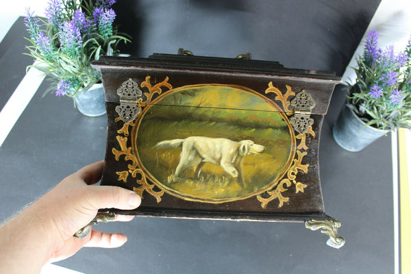 Antique French Wood carved dog painting napoleon III box