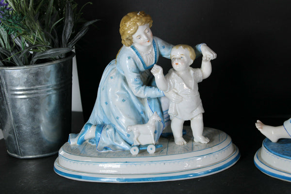 PAIR german bisque porcelain baby playing mom Figurine statues marked