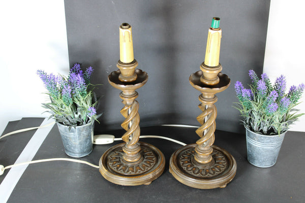 pair vintage barley twist wood carved table lamps