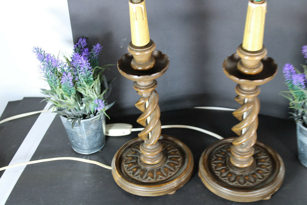 pair vintage barley twist wood carved table lamps