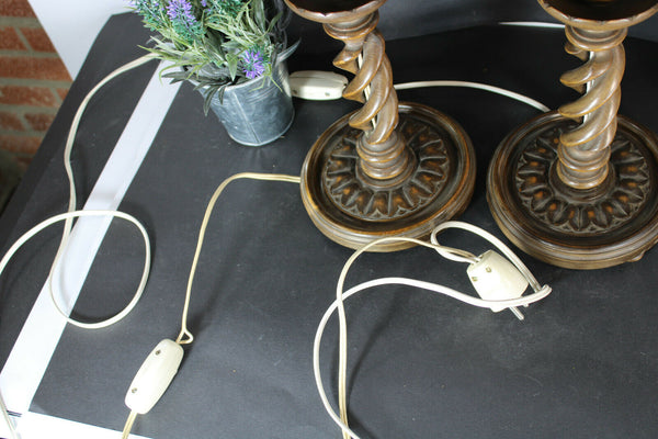pair vintage barley twist wood carved table lamps