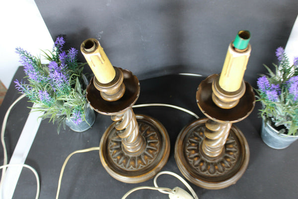 pair vintage barley twist wood carved table lamps