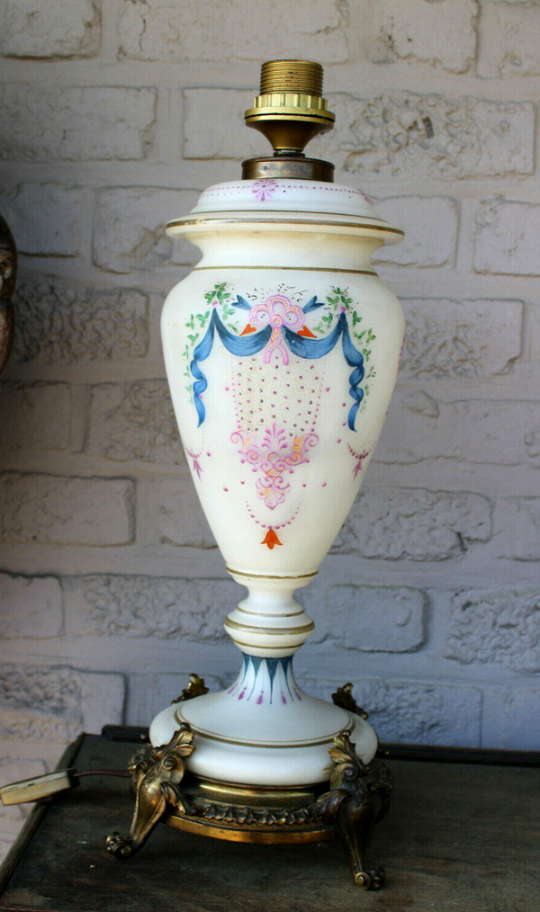 Antique French opaline glass Enamel hand paint Table lamp
