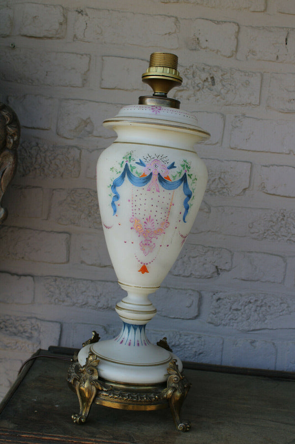 Antique French opaline glass Enamel hand paint Table lamp