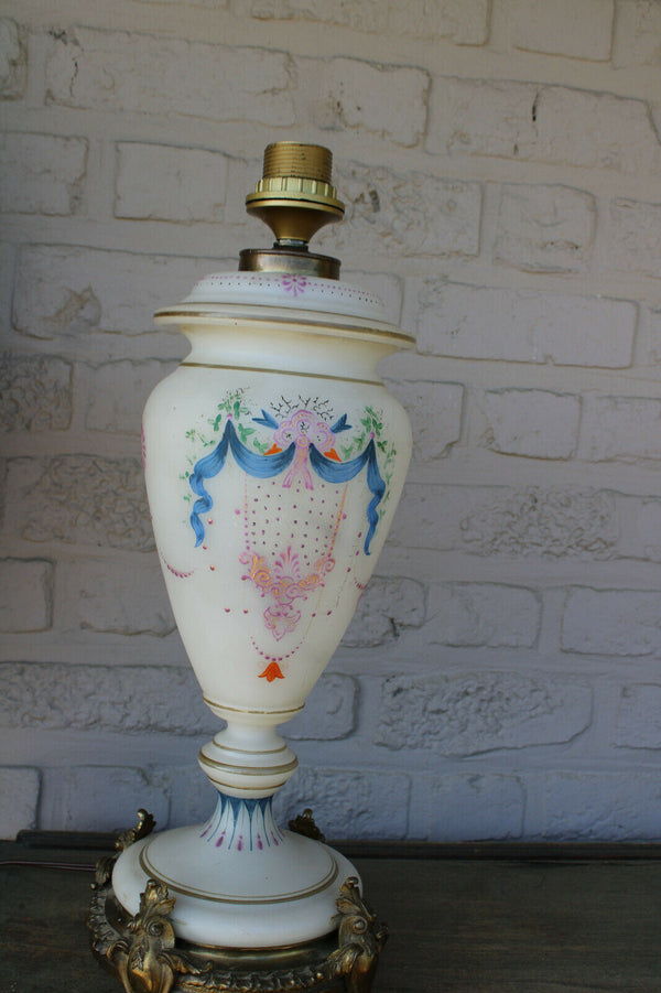Antique French opaline glass Enamel hand paint Table lamp