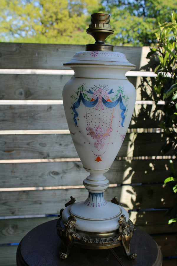 Antique French opaline glass Enamel hand paint Table lamp