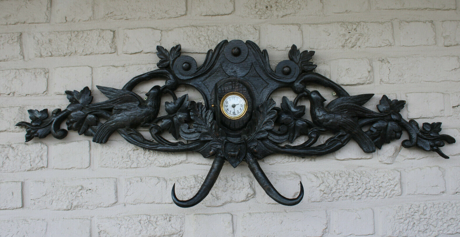 Antique black forest wood carved Wall panel with clock hat rack hunting theme