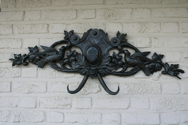 Antique black forest wood carved Wall panel with clock hat rack hunting theme