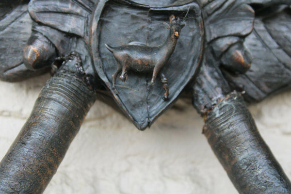 Antique black forest wood carved Wall panel with clock hat rack hunting theme