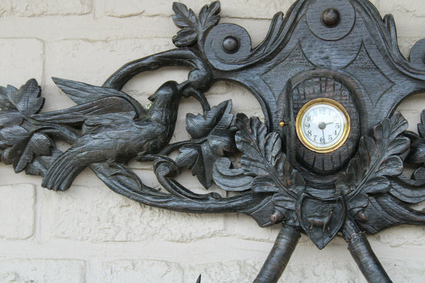 Antique black forest wood carved Wall panel with clock hat rack hunting theme