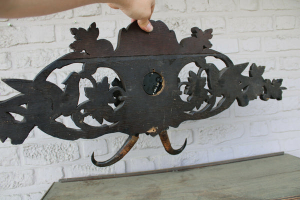 Antique black forest wood carved Wall panel with clock hat rack hunting theme